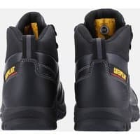 Black Caterpillar safety boots with yellow logo, padded collar, and reinforced heel, size 12.