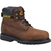 Brown Caterpillar Holton safety boot, black padded collar, yellow logo, lace-up front, rugged sole, size 9.