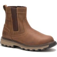 Brown Caterpillar Pelton safety boot, slip-on style with elastic side panels and rugged sole, size 12.