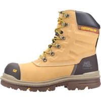 Caterpillar Premier Safety Boot, tan leather, steel toe, black accents, yellow laces, size 10.