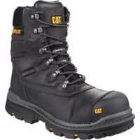Black Caterpillar waterproof safety boot with steel toe, lace-up design, and rugged sole, size 9.