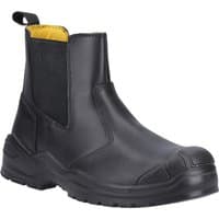 Black Caterpillar safety boot, slip-on style with reinforced toe, elastic side panels, and rugged sole.
