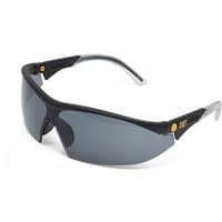 Black and gray Caterpillar protective eyewear with wraparound tinted lenses and yellow logo accents.