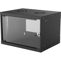 Black Intellinet 19" wall mount network cabinet, 6U, with glass front door, ventilation slots on top, and lockable handle.