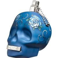 Blue skull-shaped bottle with floral tattoo design, silver cap, and chain, "Police" logo on the jaw.