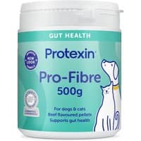 Protexin Pro Fibre 500G container, teal label, dog and cat illustration, supports gut health, beef-flavored pellets.