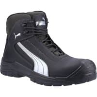 Black Puma Safety Cascades Mid S3 boot, size 7, with white stripe, padded collar, and rugged sole.