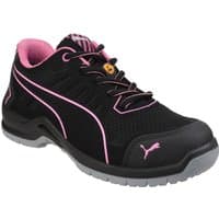 Black and pink Puma safety trainer with mesh upper, pink accents, and rubber sole, size 6.5.