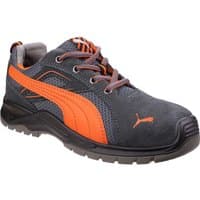 Gray and orange Puma Safety Omni Flash Low Safety Trainer with mesh texture and logo, size 7.