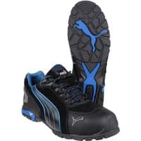 Black and blue Puma Safety Rio Low lace-up boot with reinforced toe and slip-resistant sole.