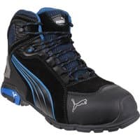 Black and blue Puma safety boot with mid-rise, lace-up front, reinforced toe, and Puma logo on the side.