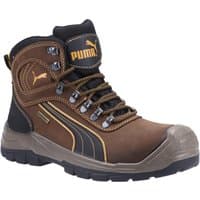 Brown Puma Safety Sierra Nevada Mid Boot with black accents, yellow stitching, and reinforced toe.