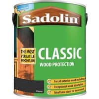Green Sadolin Classic Wood Protection can, ebony color, 5 litres, with wood image and product features on label.