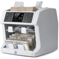Grey Safescan 2985-SX banknote counting machine with digital display, keypad, and dual bill compartments.