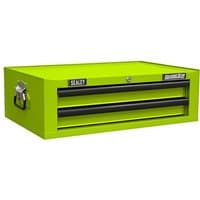 Green and black Sealey mid-box with two drawers, ball-bearing slides, and side handles.