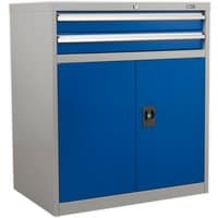 Gray and blue Sealey cabinet with two drawers and double locker doors, featuring a secure lock and sturdy metal design.