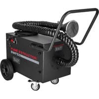 Black Sealey SWFE01 welding fume extractor with flexible hose, handle, and wheels for mobility.