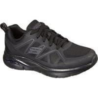 Black Skechers workwear shoe with mesh upper, lace-up design, and Arch Fit sole, size 7, style 32621-55762-07.