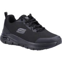 Black Skechers workwear shoes with arch fit, slip-resistant sole, lace-up design, and logo on the side.