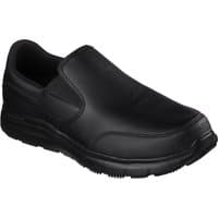 Black Skechers slip-on work shoe with padded collar, smooth leather upper, and slip-resistant rubber outsole.