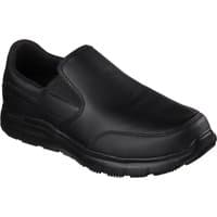 Black Skechers slip-on work shoe with smooth leather upper, padded collar, and slip-resistant rubber outsole.