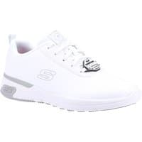 White Skechers slip-resistant occupational shoe with lace-up design and gray accents, size 7.
