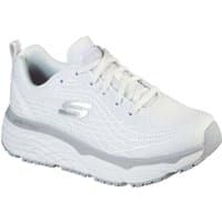White Skechers workwear shoe with thick cushioning, lace-up design, and textured sole for slip resistance.