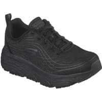 Black Skechers workwear shoes with thick cushioning, lace-up design, and slip-resistant sole, size 5.