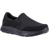 Black Skechers slip-resistant work shoe with mesh upper and cushioned sole, size 11.
