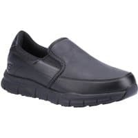 Black Skechers workwear slip-on shoes with cushioned sole and smooth leather finish, size 5.