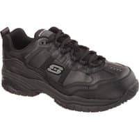 Black Skechers Workwear safety shoe, size 11, with lace-up design, reinforced toe, and cushioned sole.