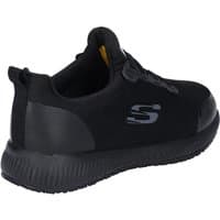 Black Skechers workwear shoe, slip-resistant sole, lace-up design, with "S" logo on side, size 4.