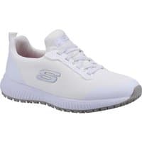 White Skechers workwear shoe with lace-up design, slip-resistant sole, and Skechers logo on the side.