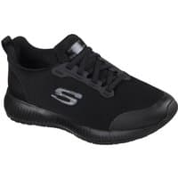 Black Skechers Workwear Squad Sr shoe, size 9, with lace-up design and cushioned sole, featuring a silver logo.