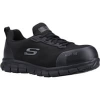 Black Skechers Sure Track Jixie safety shoes, alloy toe, slip-resistant sole, lace-up design, size 6.