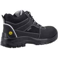 Black Skechers safety boot, size 7, with reinforced toe, padded collar, and lace-up front, featuring yellow logo.