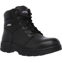 Black Skechers Workshire safety boot, lace-up design, padded collar, rugged sole, size 8, by Footsure Western Limited.
