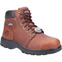 Brown Skechers Workshire safety boot, size 8, with black padded collar, metal eyelets, and slip-resistant sole.