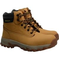 Honey-colored Stanley safety boots with black collar, metal eyelets, and brown laces, size UK 11, EU 45.
