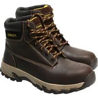 Brown Stanley safety boots with yellow logo, padded collar, and rugged sole, size UK 8, EUR 42.