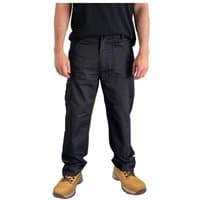 Black Stanley Texas cargo trousers with multiple pockets, worn by a person, paired with tan work boots.