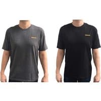 Gray and black Stanley men's T-shirts with yellow logo on chest, short sleeves, crew neck, twin pack.