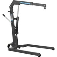 Black Viking PFC101S engine crane with hydraulic lift, adjustable arm, and swivel hook on wheels by Sealey.