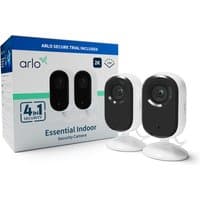 Arlo Essential 2K Indoor Security Camera 2-pack, white and black, with round base and lens, next to product box.