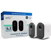 White Arlo Essential 2K XL outdoor security cameras, 2-pack, with black lens area, next to branded packaging box.