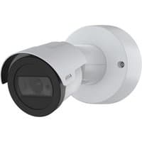 White Axis Bullet IP security camera with black lens cover, cylindrical shape, for ceiling or wall mounting.