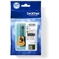 Brother LC-421XLVAL PagePack with black, cyan, magenta, yellow ink cartridges in blue packaging featuring a guitar image.