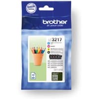 Brother LC3217VAL ink cartridge pack, 4 colors: Black, Cyan, Magenta, Yellow, in blue and white packaging.