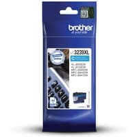 Brother LC3239XLC cyan ink cartridge in blue packaging with product image and compatibility list on front.