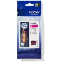 Brother LC427XLM magenta ink cartridge in blue packaging with product details and printer compatibility list.